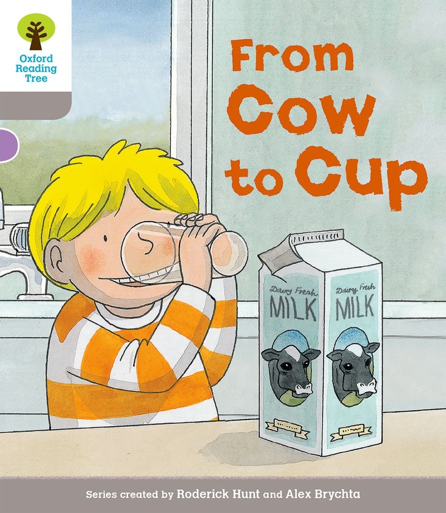 Cover image to 'From Cow to Cup' from OUP  Oxford Reading Tree. Image shows a blog child drinking milk from a glass with a carton on the table labelled 'milk' with a cow image below.